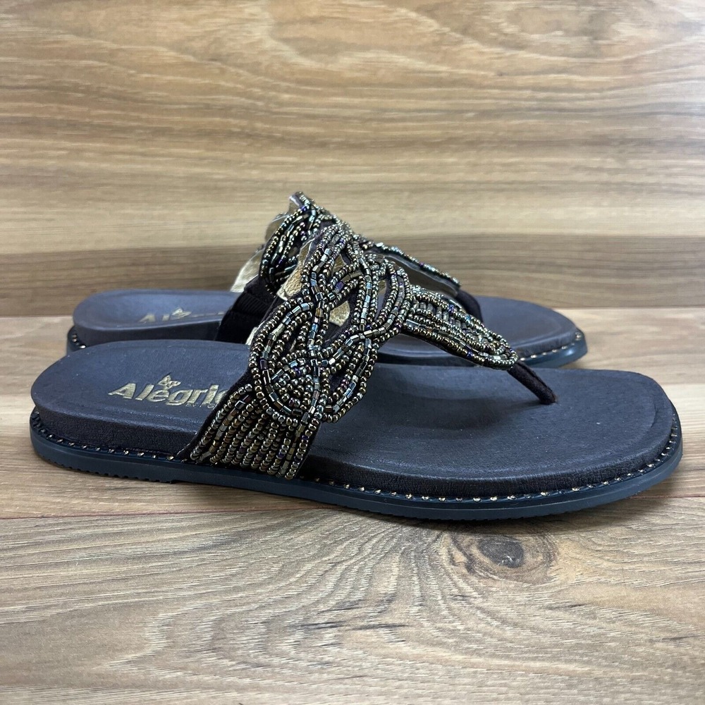 Alegria Tangoh‎ Womens Sandals Size 8 EU 38 Bronze Studded Beaded  Flip Flops - Picture 5 of 10